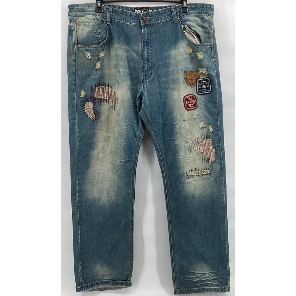 Born Fly Jeans Anytown USA Distressed Patch Stitched Denim Size 46